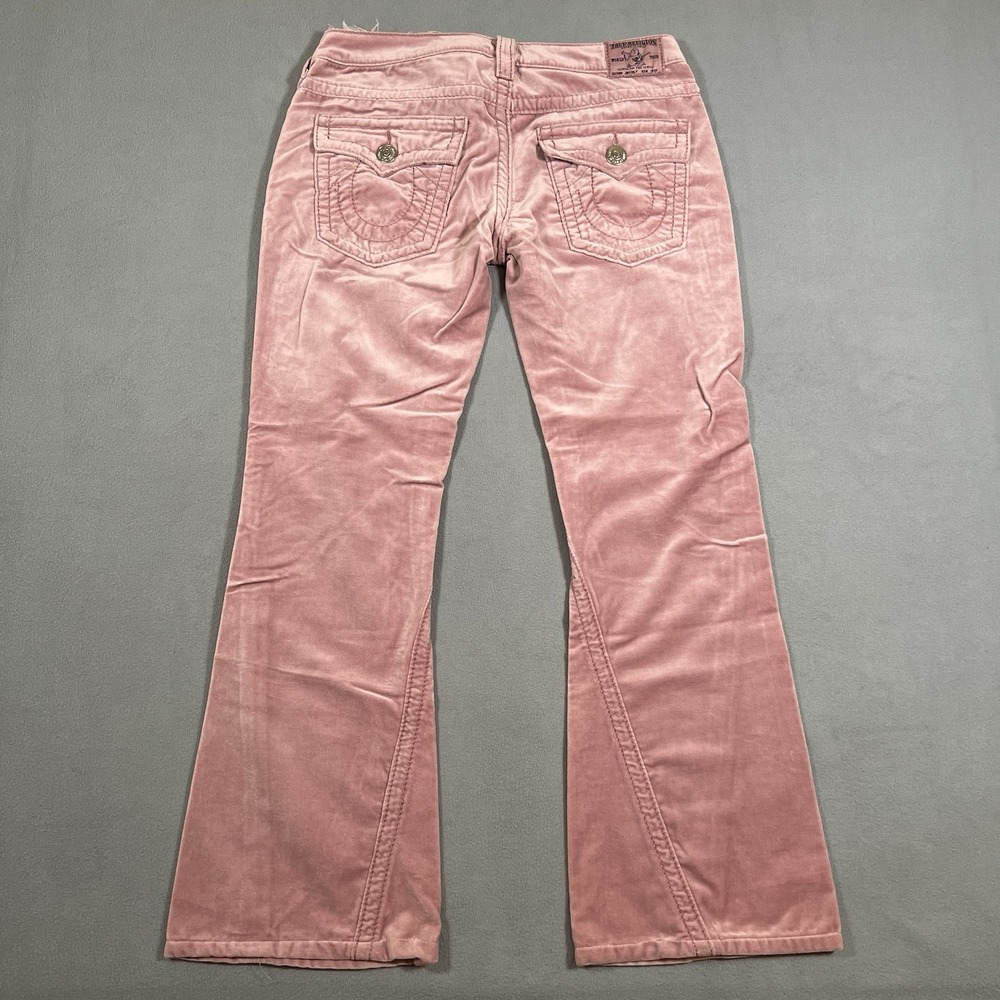True Religion Joey Big T Velour Flare Leg Pants Sz 31x30 Pink Bootcut Flaps USA - Picture 2 of 12